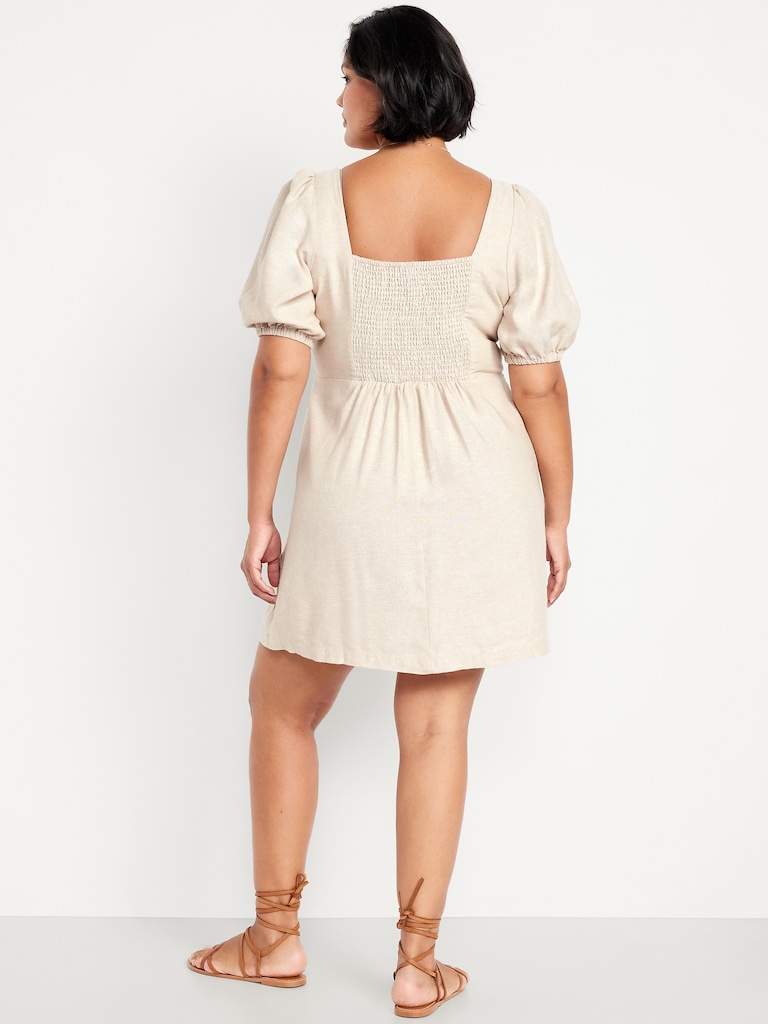 Puff-Sleeve Linen-Blend Mini Dress