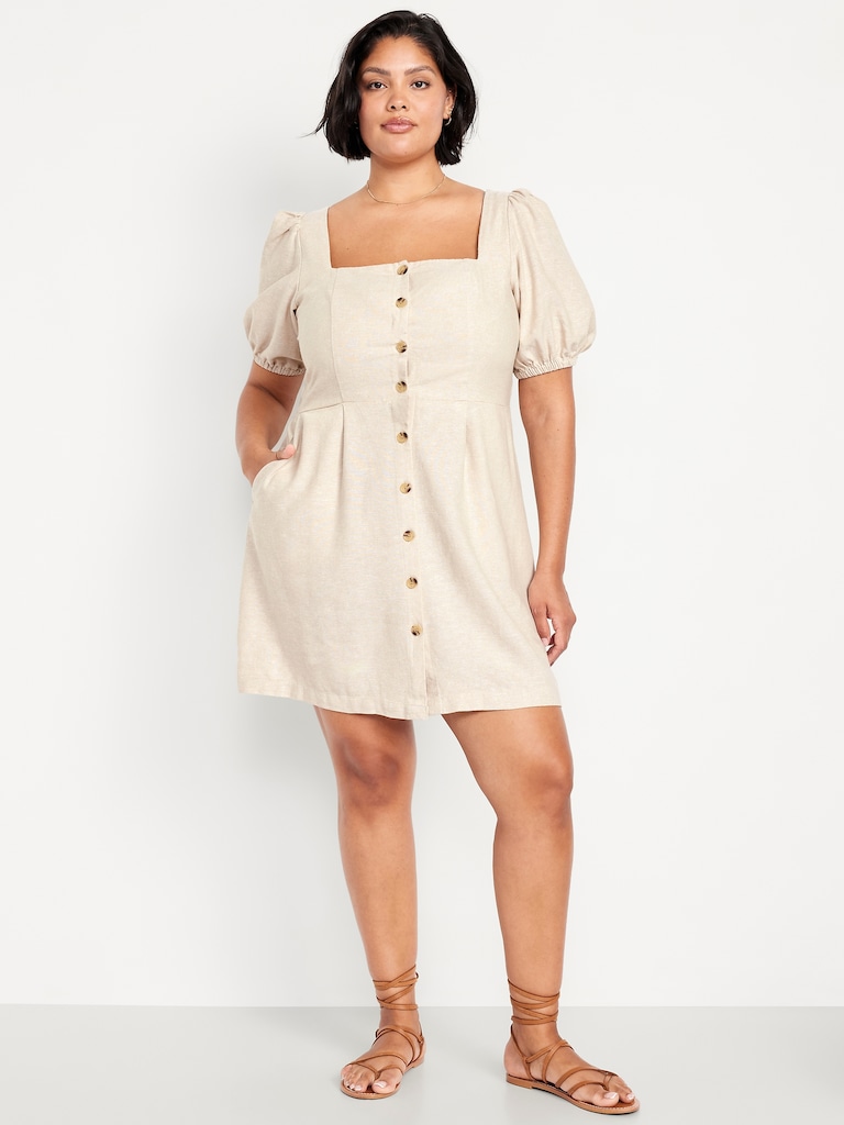Puff-Sleeve Linen-Blend Mini Dress