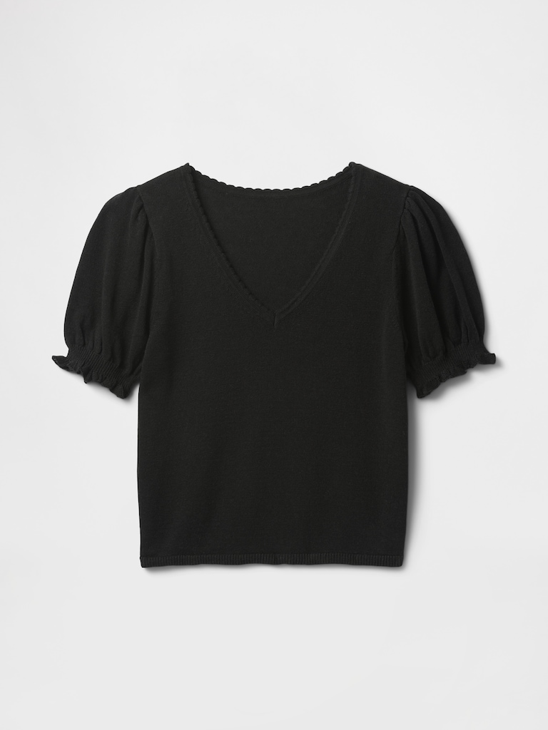 Linen-Blend Puff-Sleeve Sweater Top
