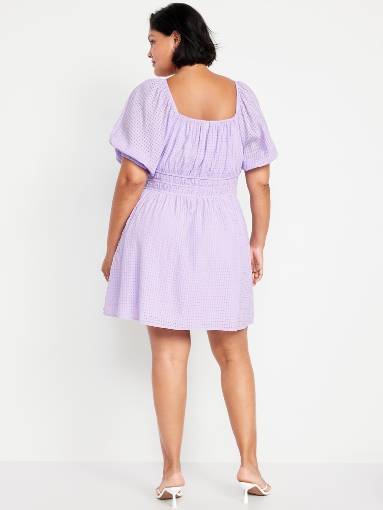 Waist-Defined Puff-Sleeve Seersucker Mini Dress