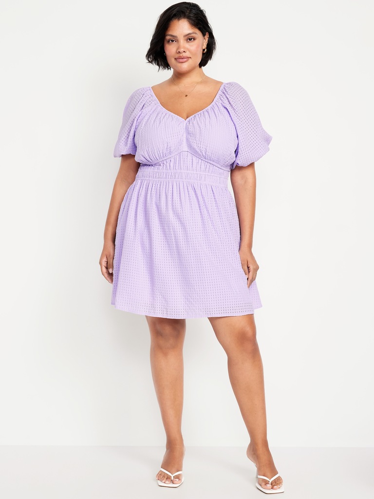 Waist-Defined Puff-Sleeve Seersucker Mini Dress