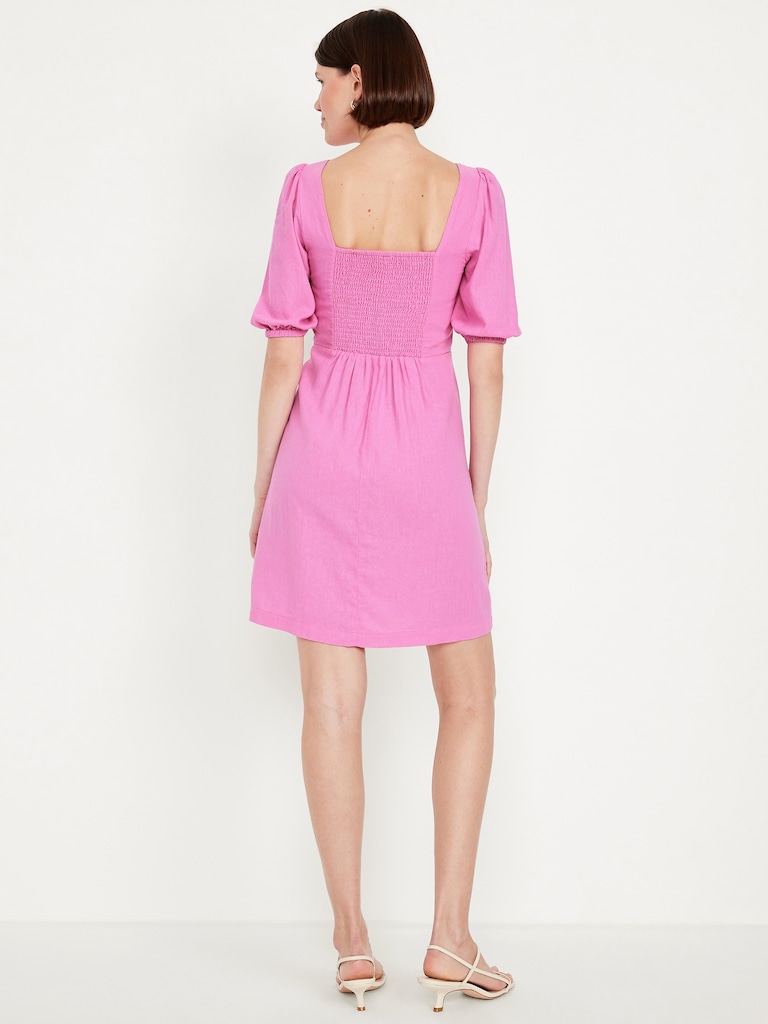 Puff-Sleeve Linen-Blend Mini Dress