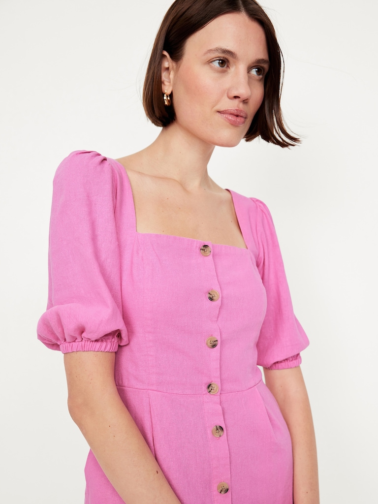 Puff-Sleeve Linen-Blend Mini Dress