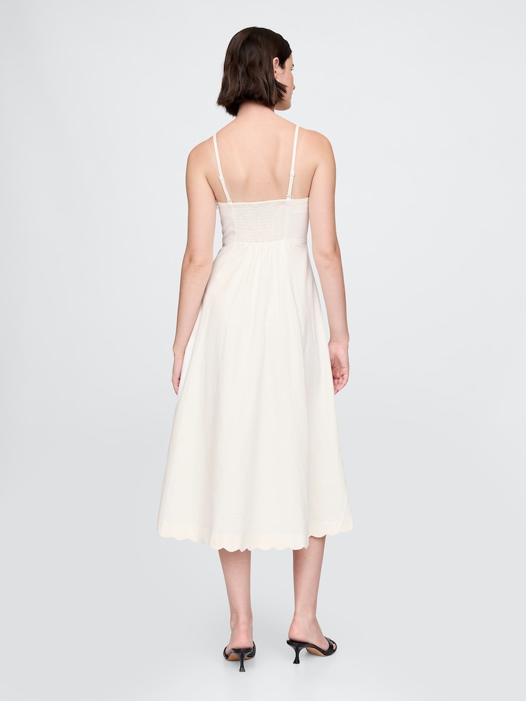 Linen-Blend Scalloped Midi Dress