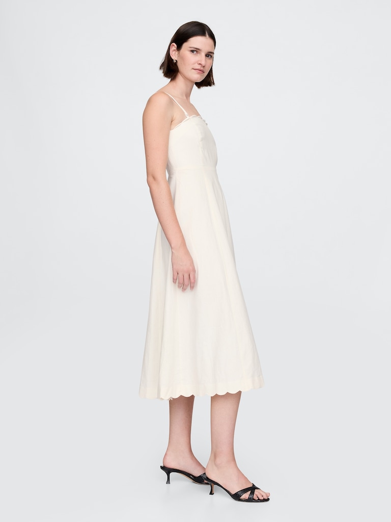 Linen-Blend Scalloped Midi Dress