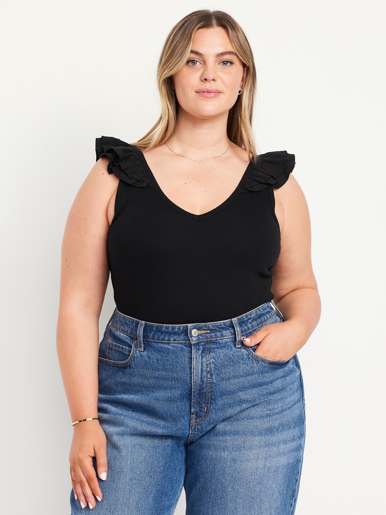 Ruffle-Trim Mixed Material Top