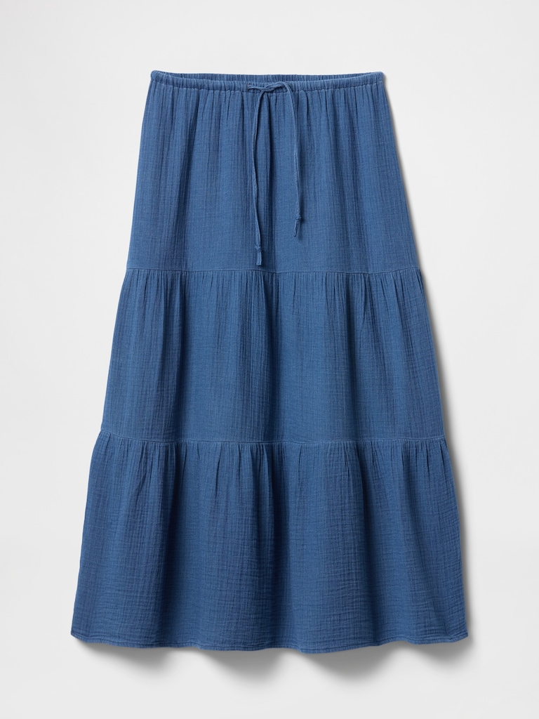 Cotton Gauze Denim Tiered Maxi Skirt
