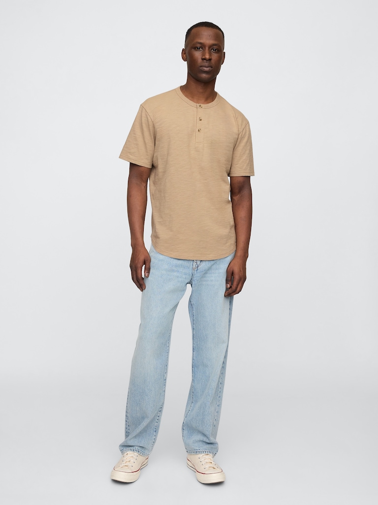 Lived-In Relaxed Curved Hem Henley T-Shirt