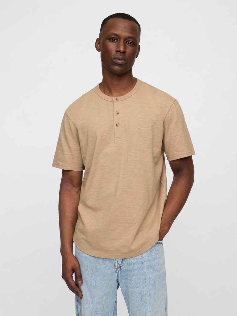 Lived-In Relaxed Curved Hem Henley T-Shirt