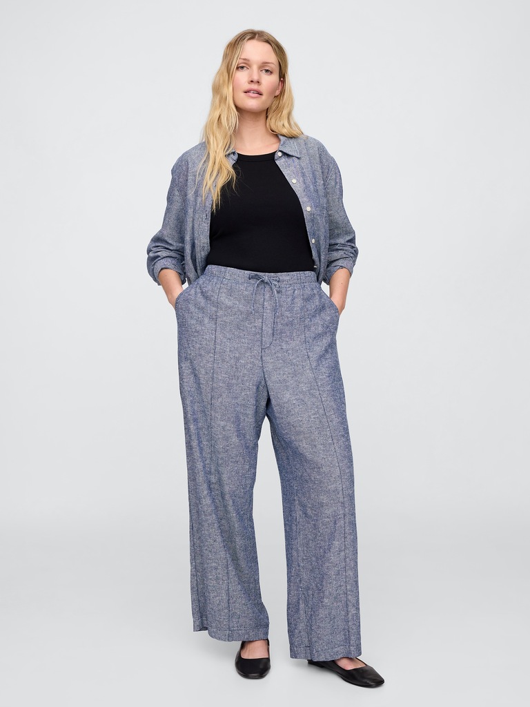 Mid Rise Linen-Blend Pull-On Wide-Leg Pants