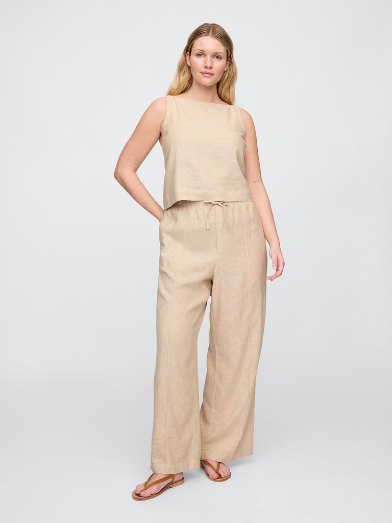 Mid Rise Linen-Blend Pull-On Wide-Leg Pants