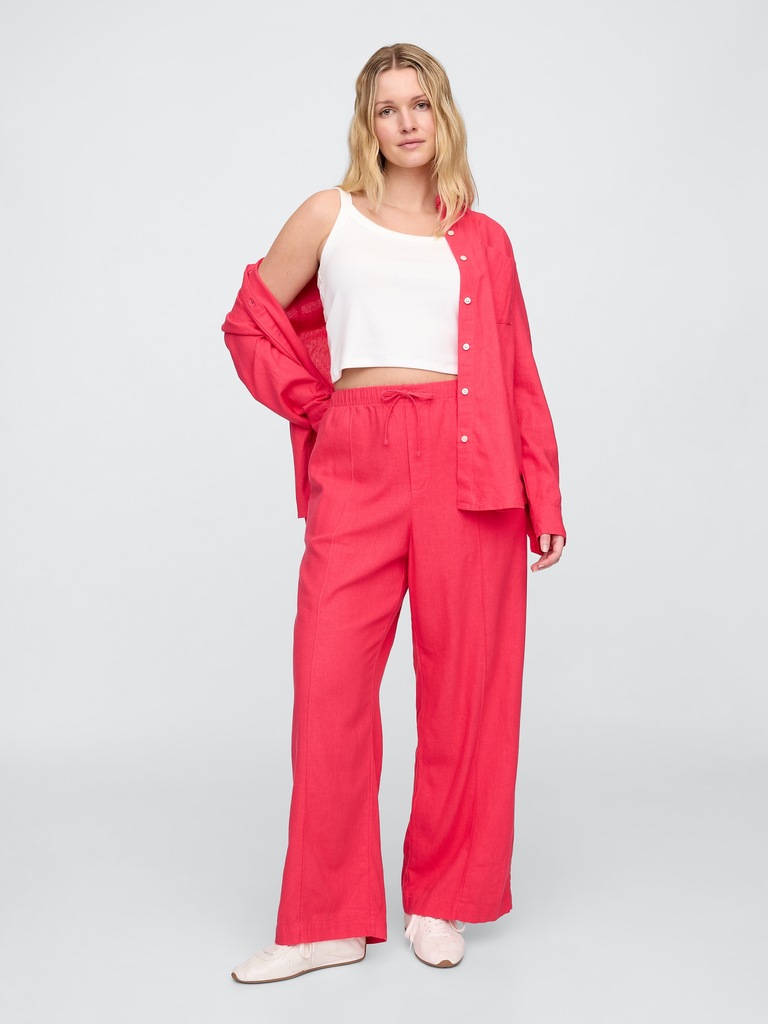 Mid Rise Linen-Blend Pull-On Wide-Leg Pants