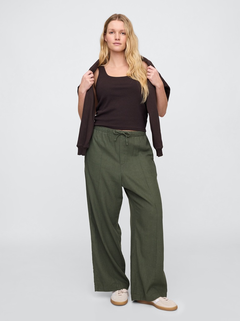 Mid Rise Linen-Blend Pull-On Wide-Leg Pants