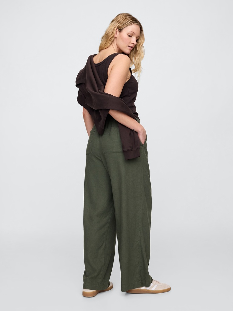 Mid Rise Linen-Blend Pull-On Wide-Leg Pants