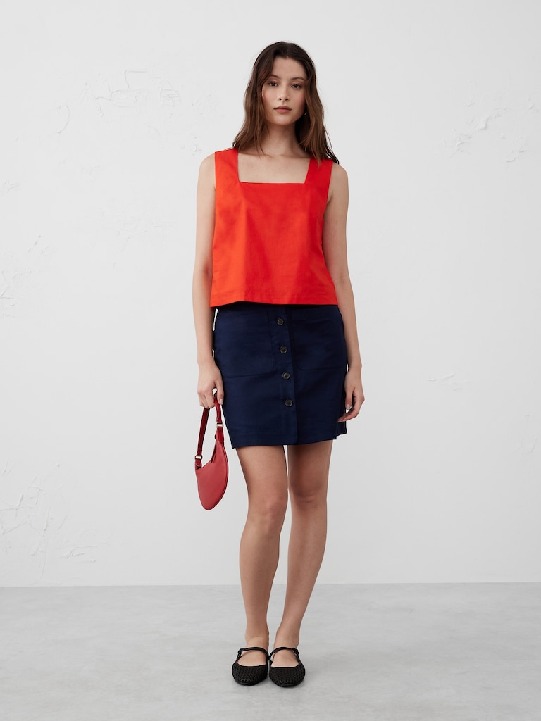 Linen-Blend Square-Neck Top