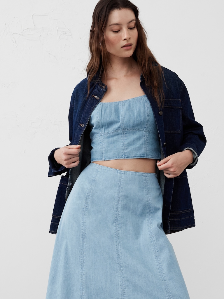 Seamed Square-Neck Denim Bustier