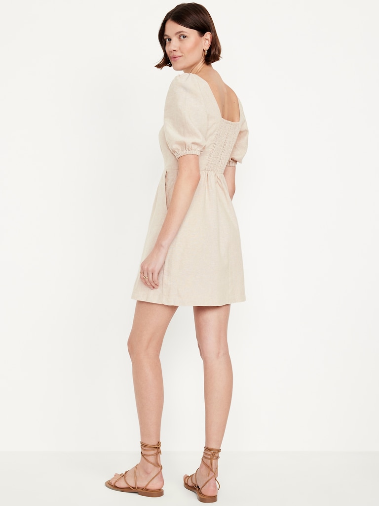 Puff-Sleeve Linen-Blend Mini Dress