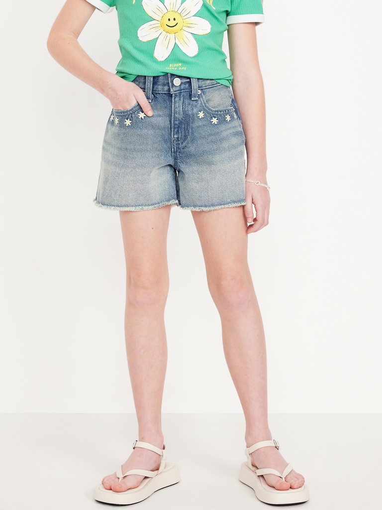 High-Waisted Embroidered Frayed-Hem Jean Shorts for Girls