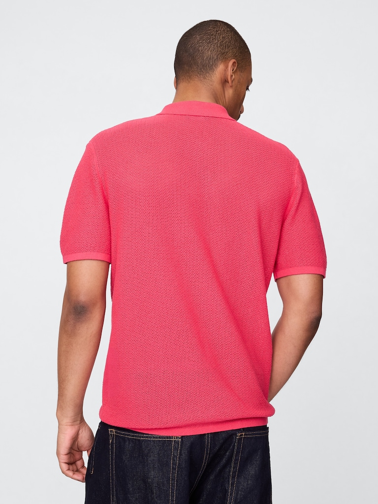 Textured Crochet Polo Sweater