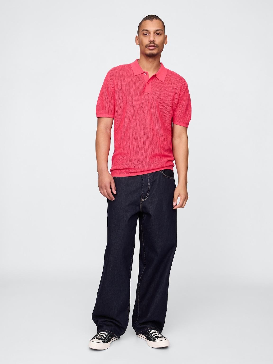 Textured Crochet Polo Sweater