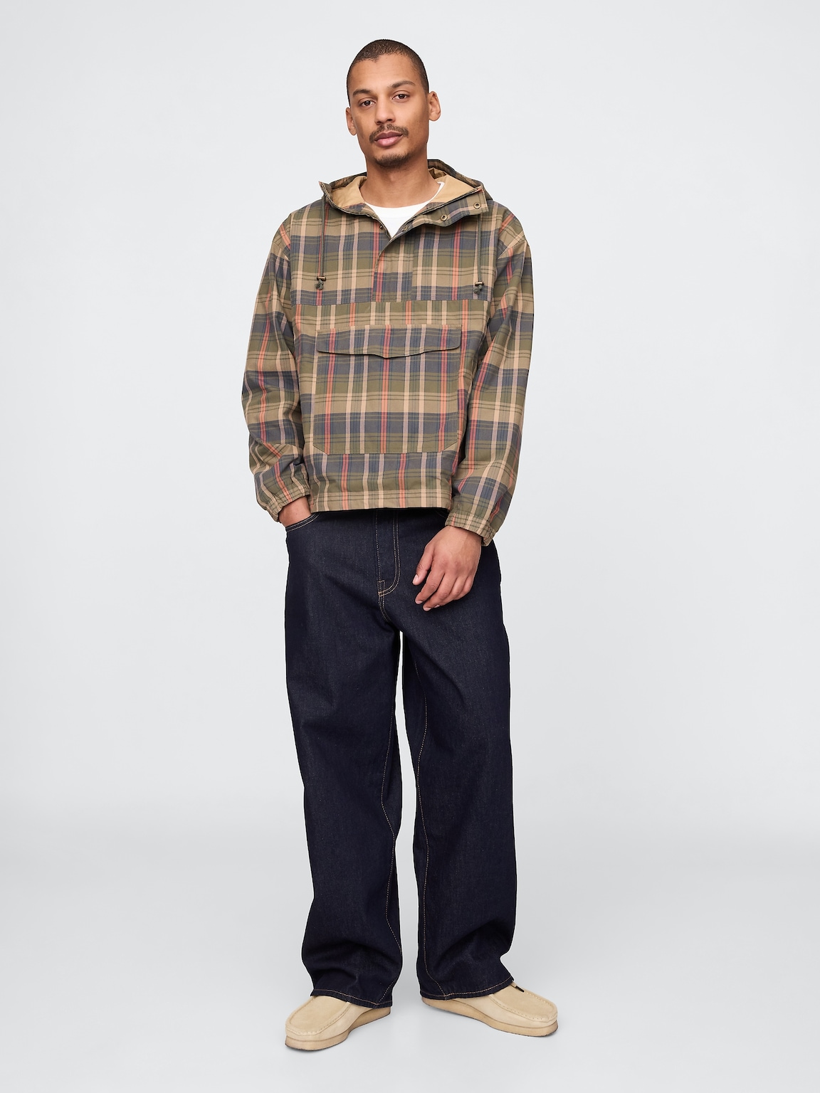 Oversized Plaid Canvas Anorak Jacket