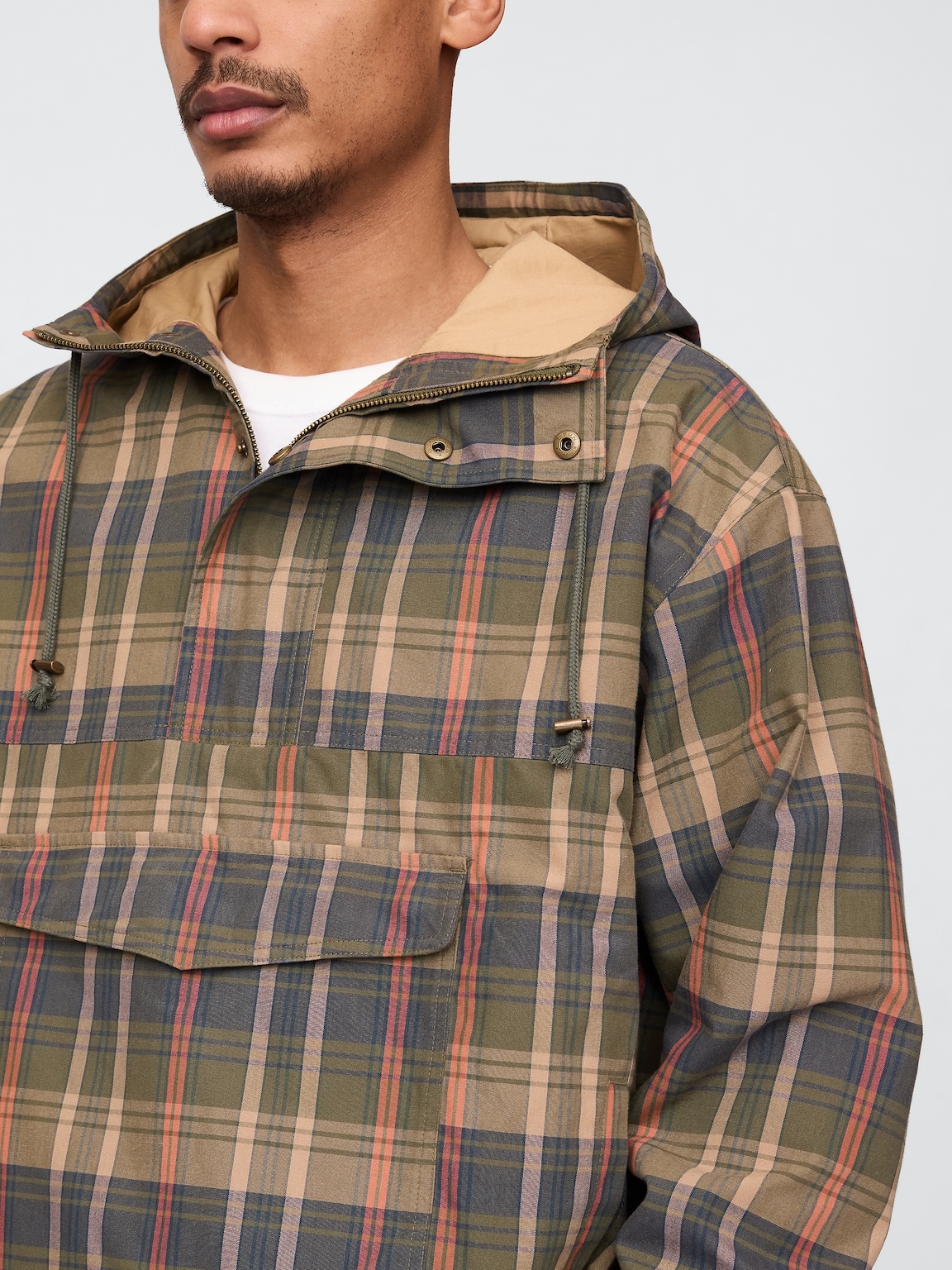 Oversized Plaid Canvas Anorak Jacket
