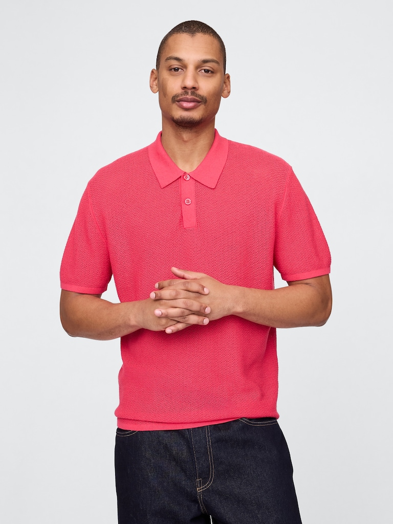 Textured Crochet Polo Sweater