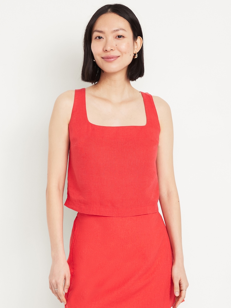 Cropped Square-Neck Linen-Blend Top