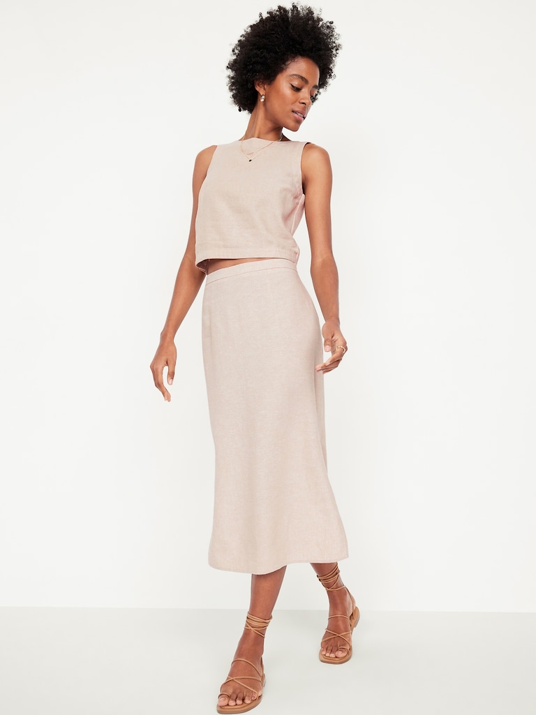 Mid-Rise Linen-Blend Midi Skirt