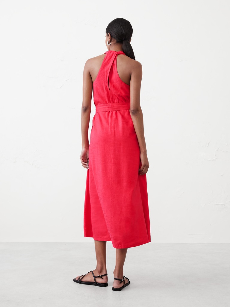 Linen-Blend Twist-Back Midi Dress