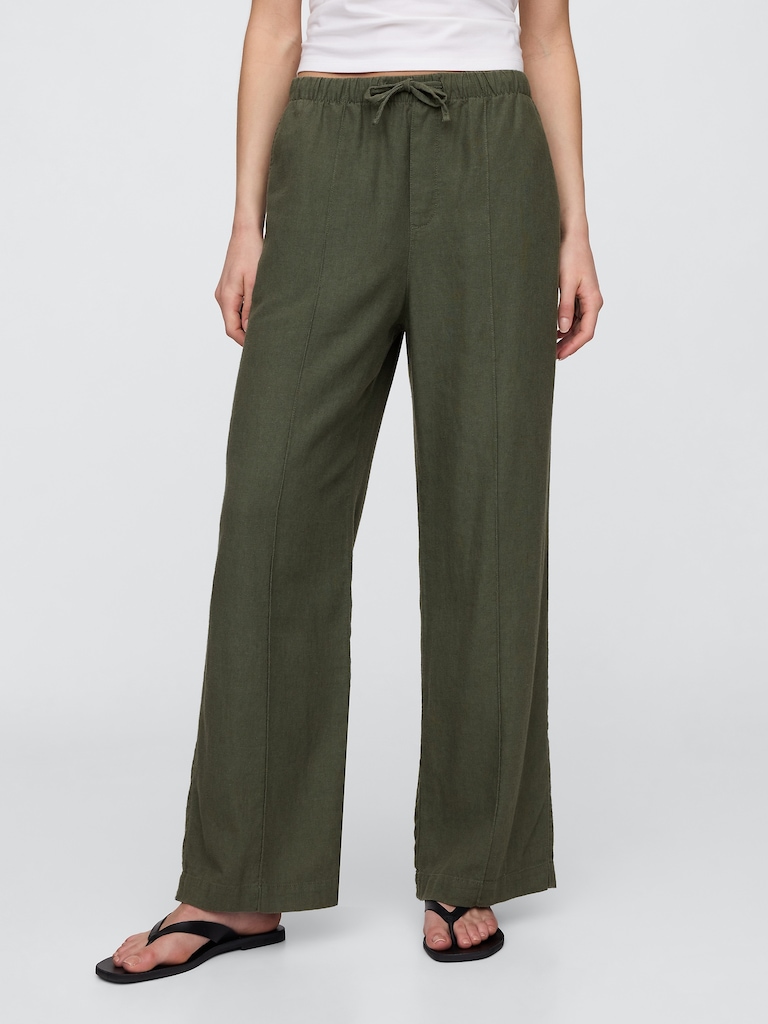 Mid Rise Linen-Blend Pull-On Wide-Leg Pants