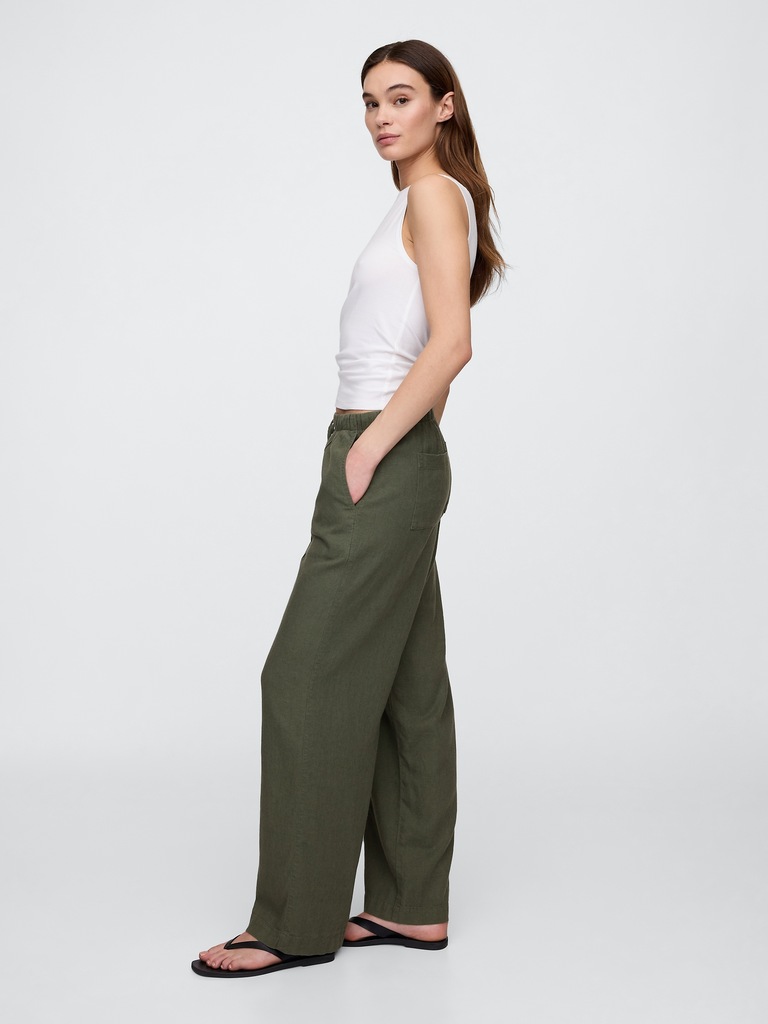 Mid Rise Linen-Blend Pull-On Wide-Leg Pants