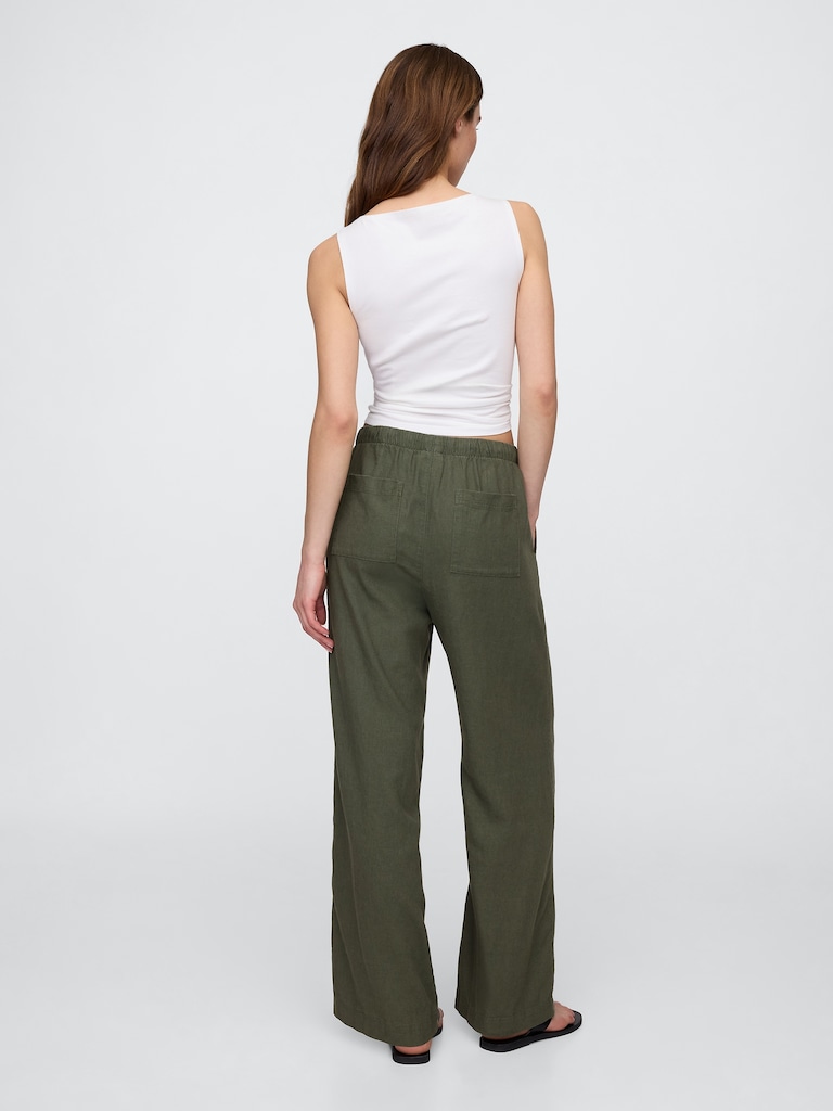 Mid Rise Linen-Blend Pull-On Wide-Leg Pants
