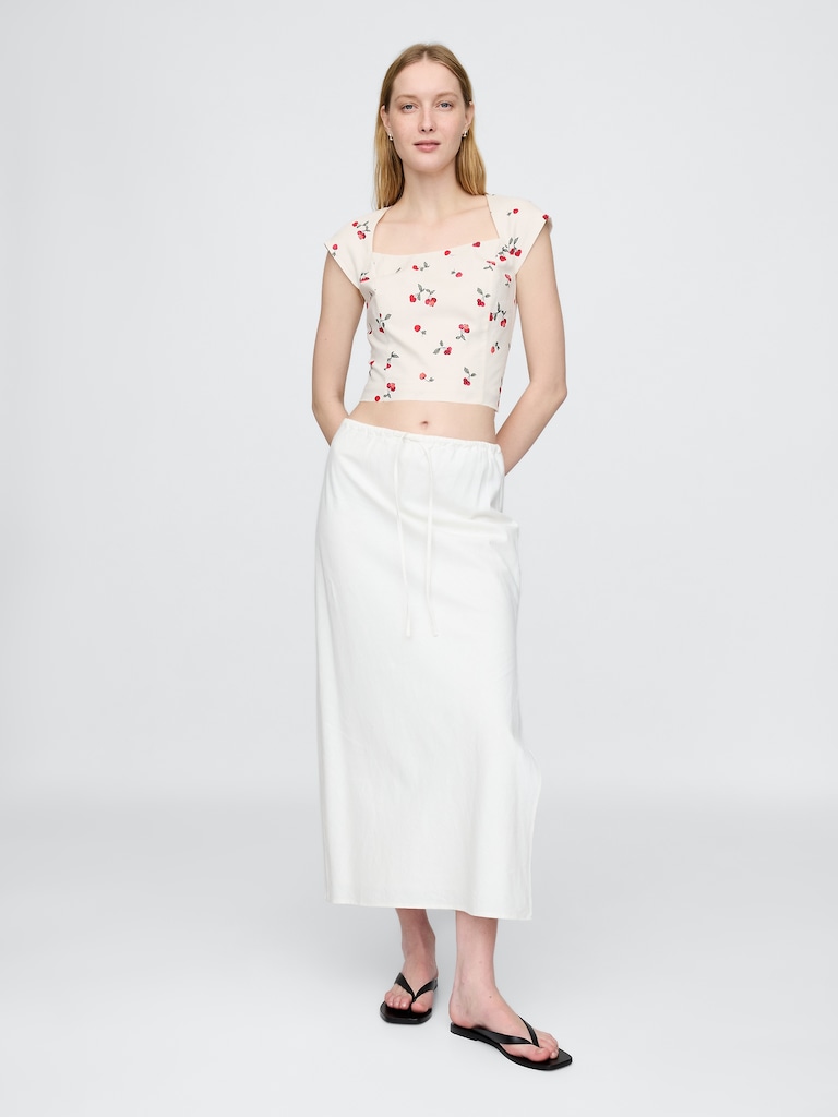 Linen-Blend Cap-Sleeve Crop Top