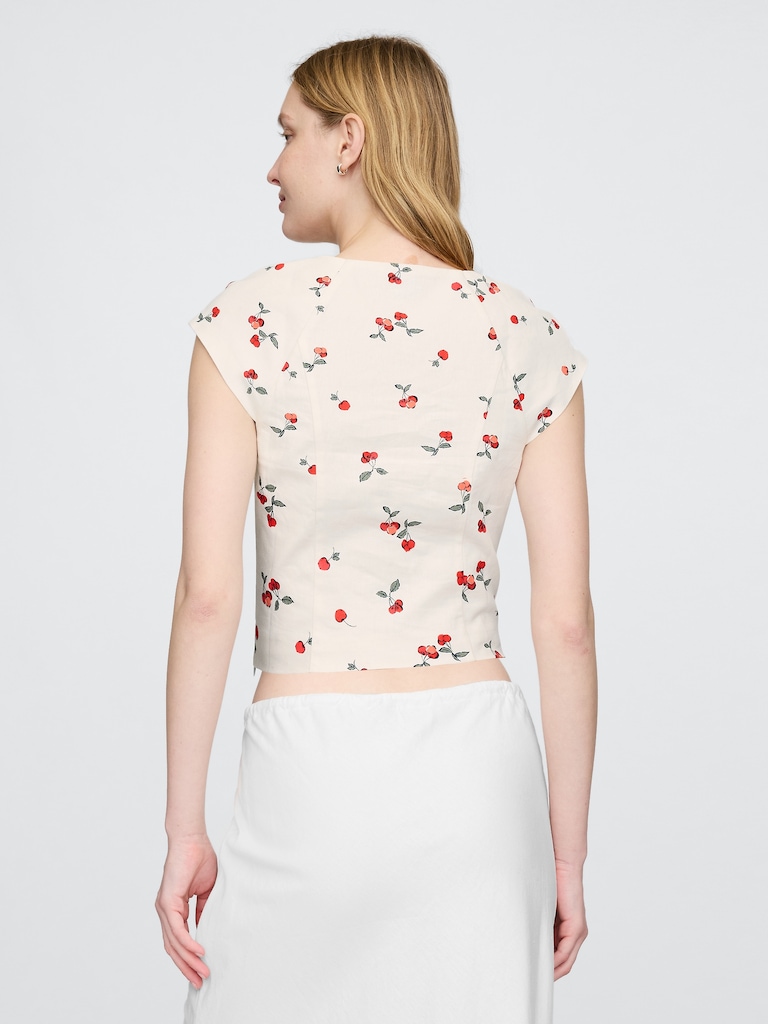 Linen-Blend Cap-Sleeve Crop Top