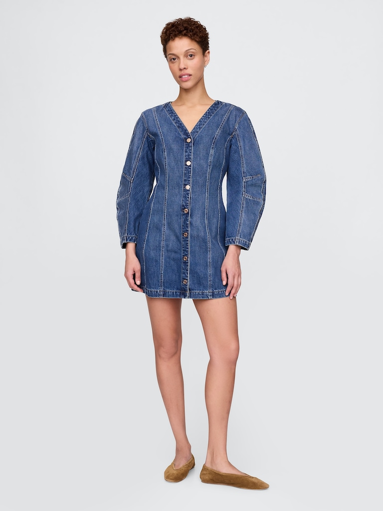 Denim Barrel-Sleeve Mini Dress