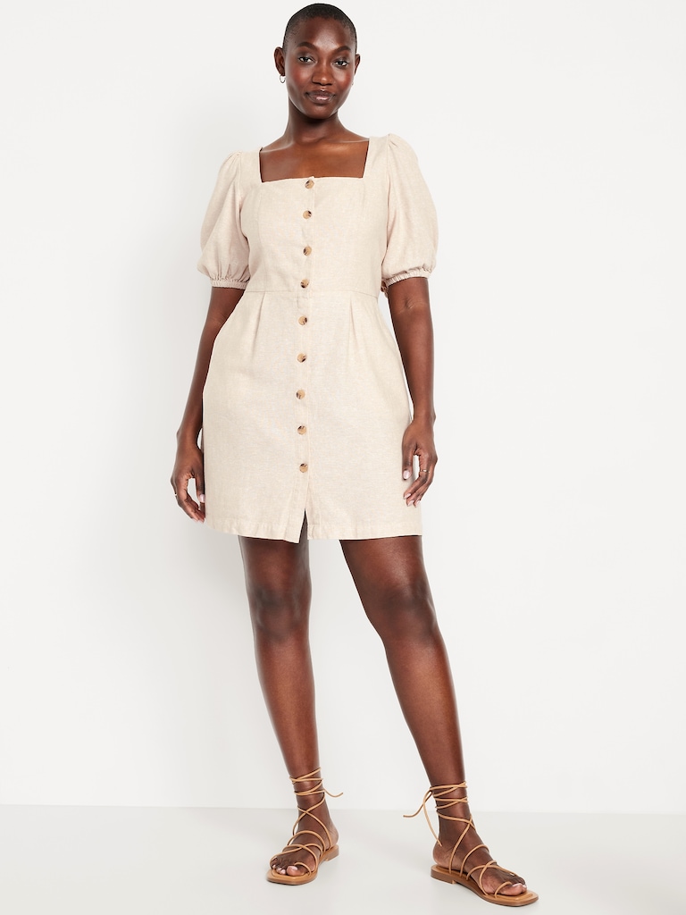 Puff-Sleeve Linen-Blend Mini Dress