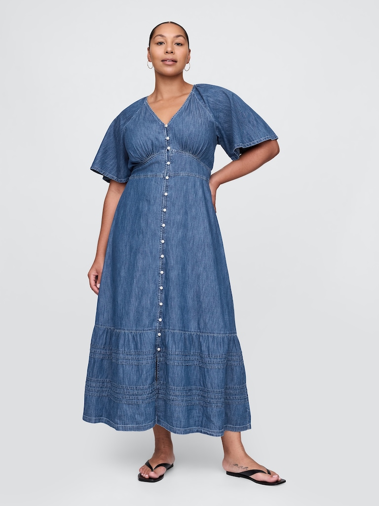 Flutter-Sleeve Tiered Maxi Dress