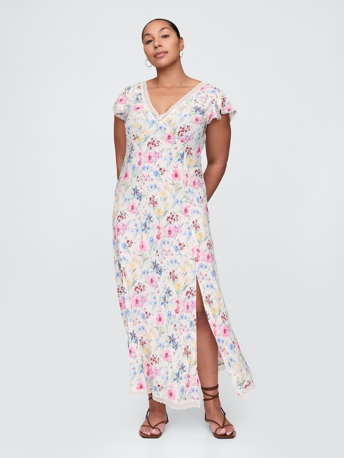 Lace-Trim V-Neck Crepe Maxi Dress