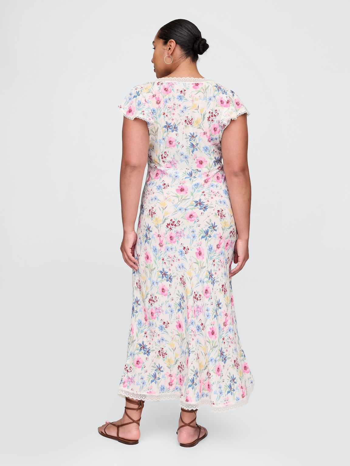 Lace-Trim V-Neck Crepe Maxi Dress