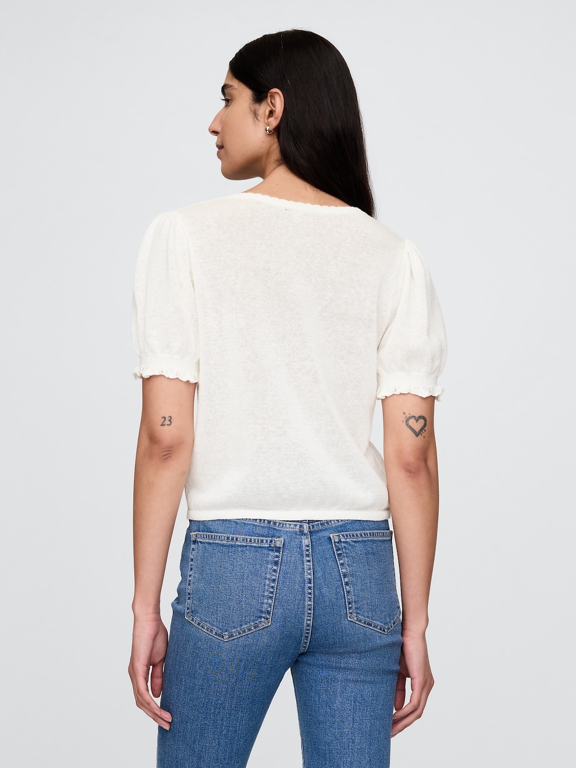 Linen-Blend Puff-Sleeve Sweater Top