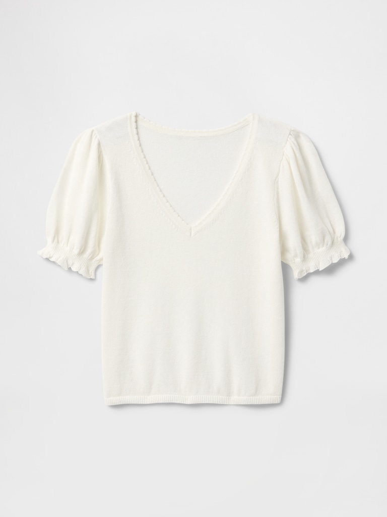 Linen-Blend Puff-Sleeve Sweater Top