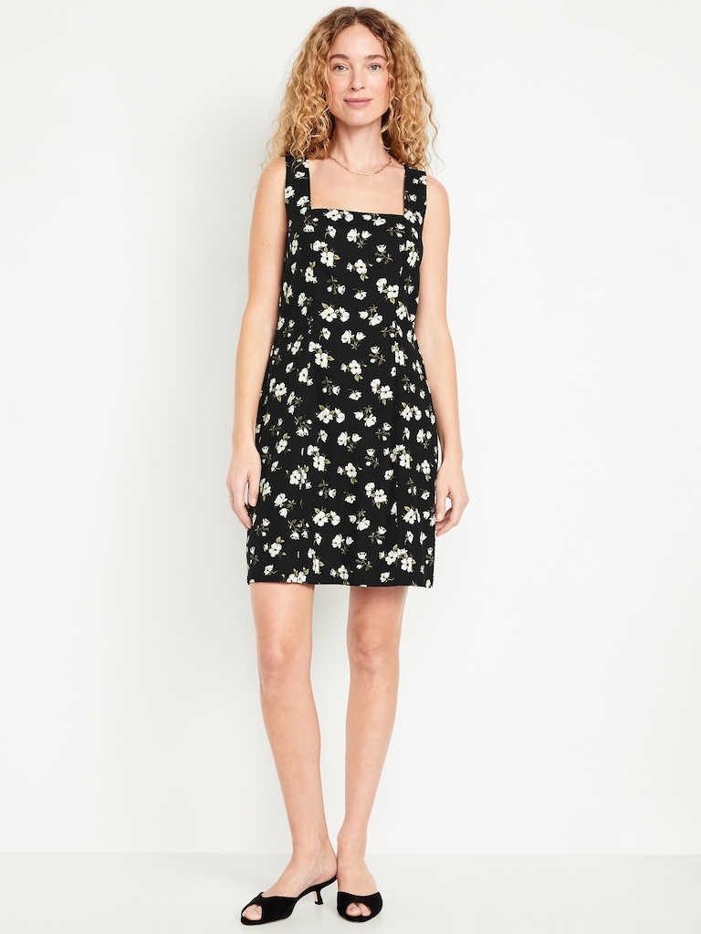 Square-Neck Linen-Blend Floral Mini Dress