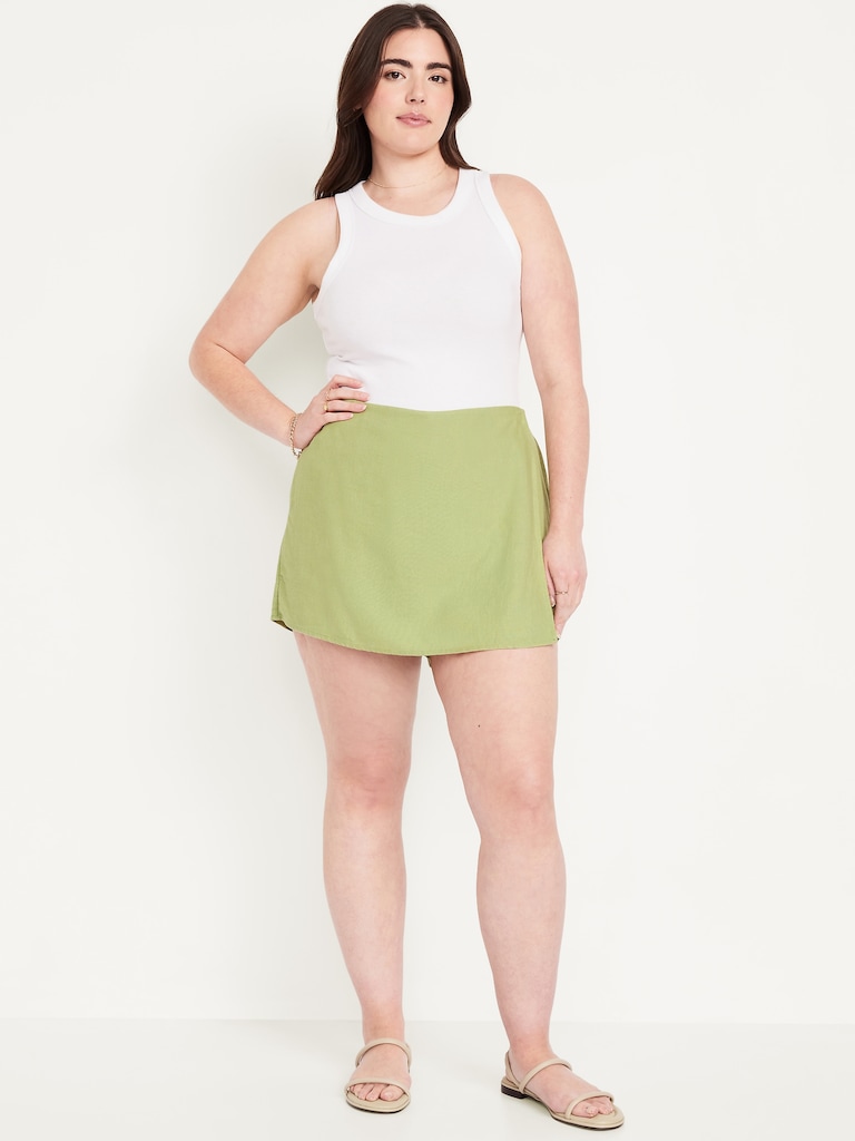 High-Waisted Faux-Wrap Linen-Blend Mini Skort