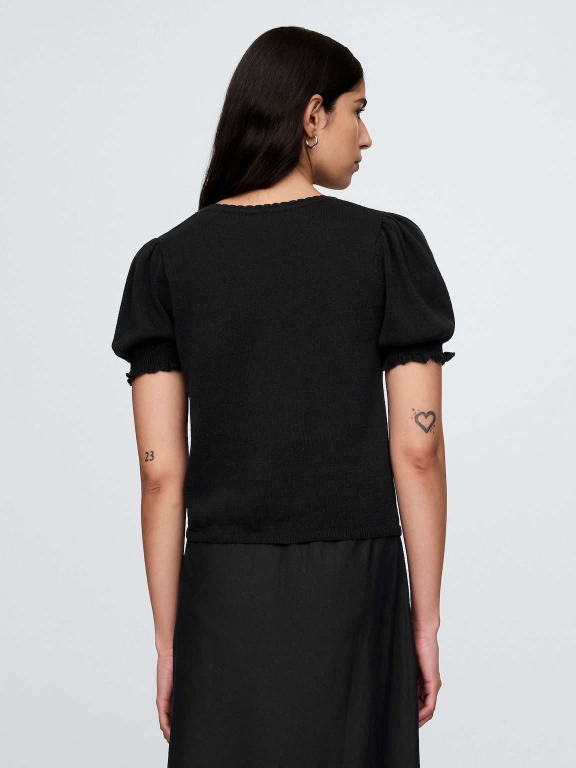 Linen-Blend Puff-Sleeve Sweater Top