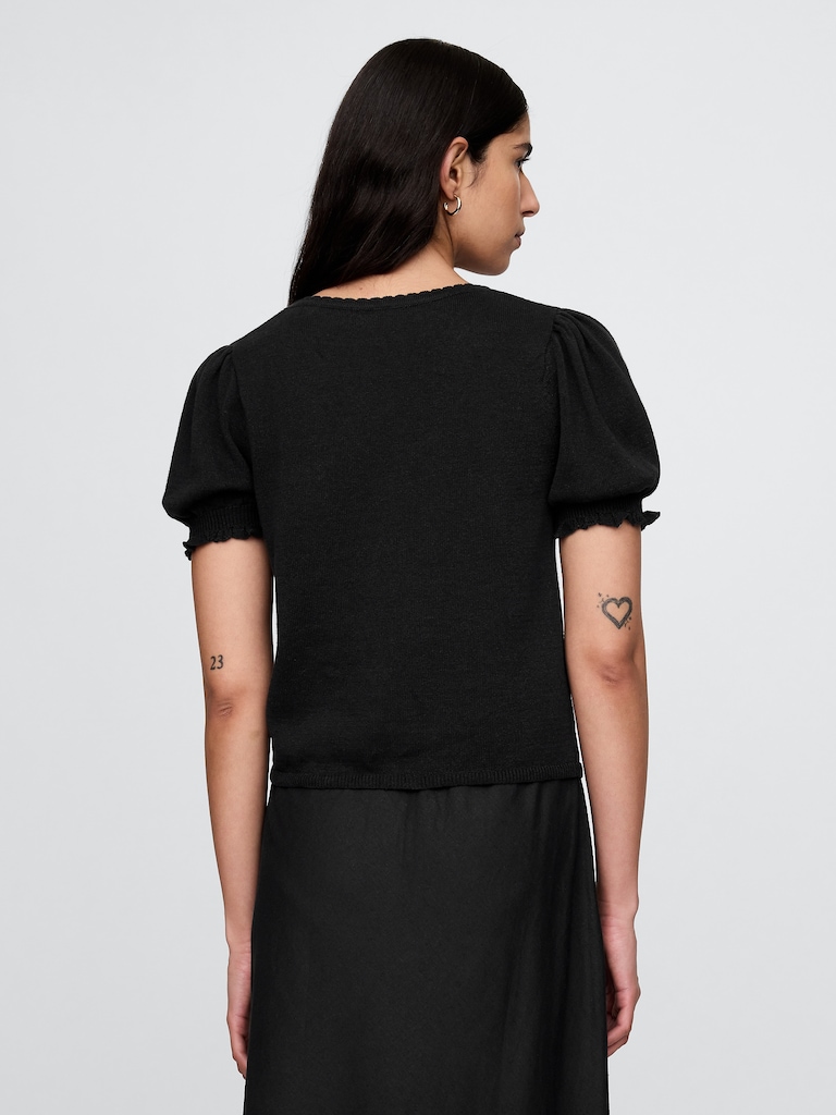 Linen-Blend Puff-Sleeve Sweater Top
