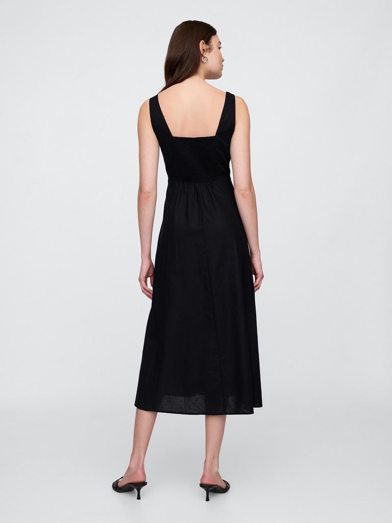 Linen-Blend Squareneck Midi Dress