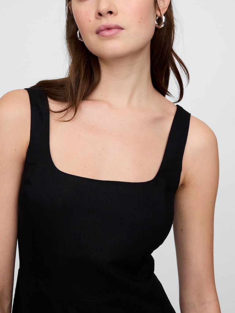Linen-Blend Squareneck Midi Dress