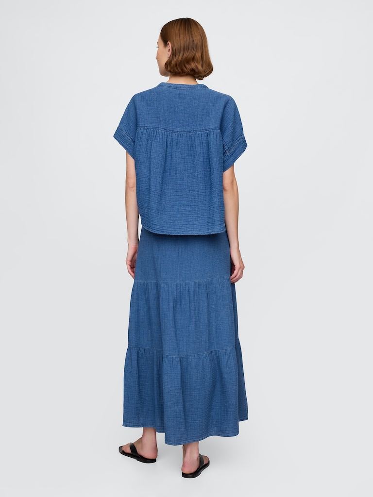 Cotton Gauze Denim Tiered Maxi Skirt