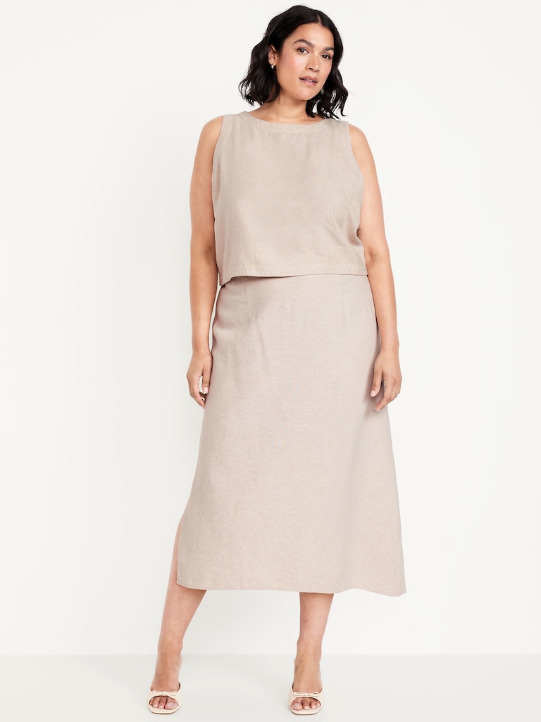 Mid-Rise Linen-Blend Midi Skirt